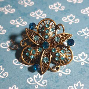 Vintage Gold Tone Floral Brooch Blue Teal Rhinestones Grandma Mom Gift Costume